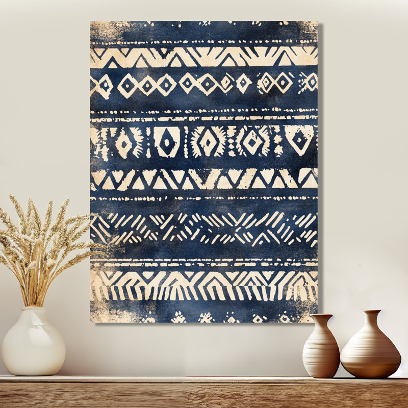 Motif tribal indigo - Boho abstrait, décoration murale en métal, L 24 po x H 32 po