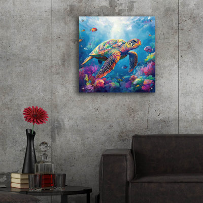 «Turtle In Corals» par Rich Monet, art mural en verre acrylique
