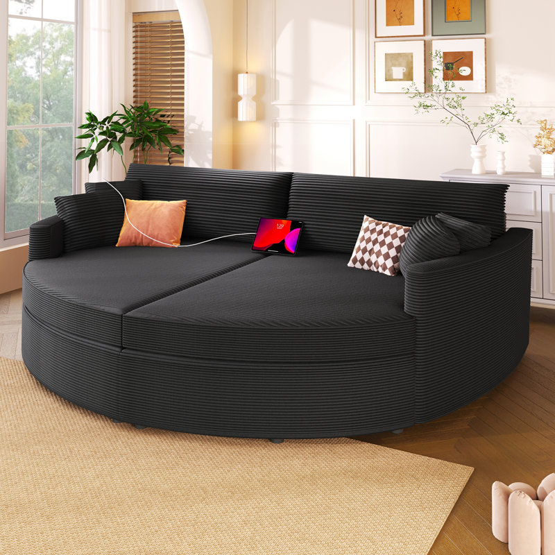 Canapé double avec méridienne profonde et ports USB, Velours côtelé noir