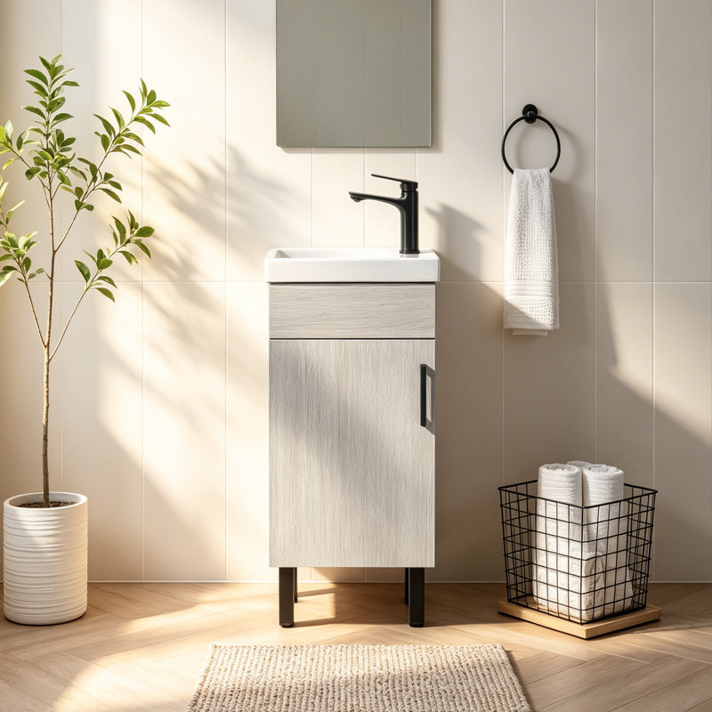 16'' Mini Free-Standing Single Bathroom Vanity With Ceramic Top, Oak