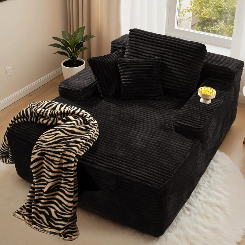Chaise longue moderne surdimensionnée de 119 cm (47 po) en flanelle sans os, noire, aucun assemblage requis
