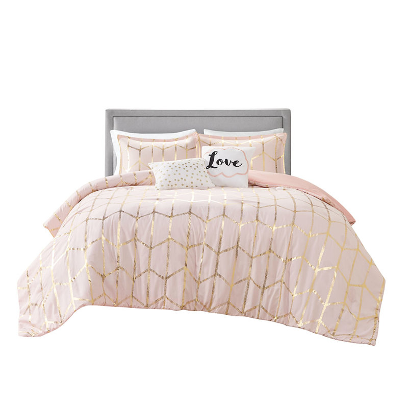 Édredon avec couettes géométriques et métalliques, Blush/Gold, Twin/Twin XL Comforter + 4 Additional Pieces