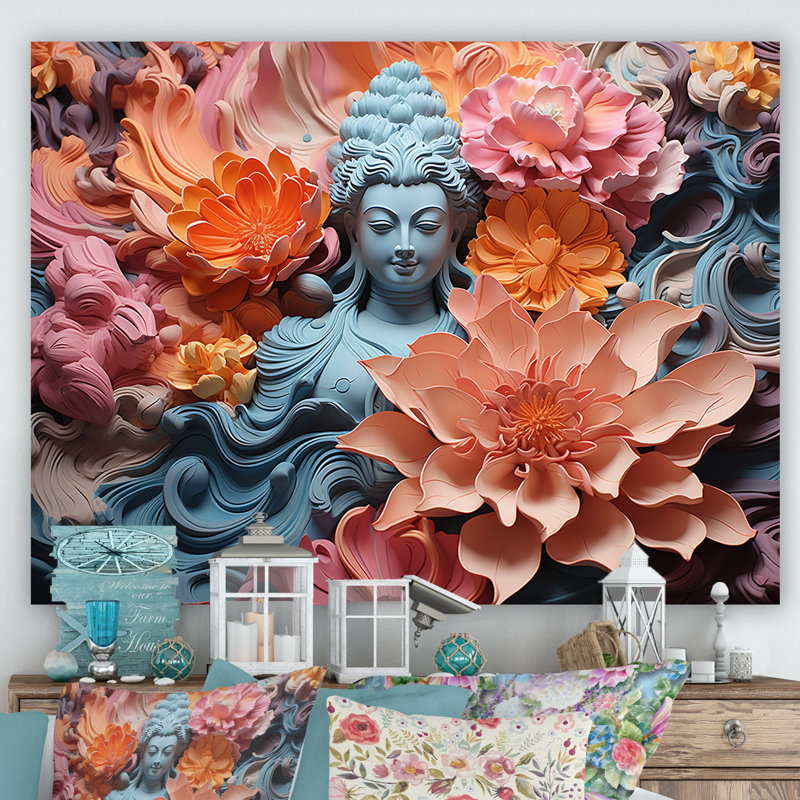 Statue de bouddhisme en fleurs I - décoration murale bouddhisme, H 16 po x l 32 po x P 1 po, Toile tendue