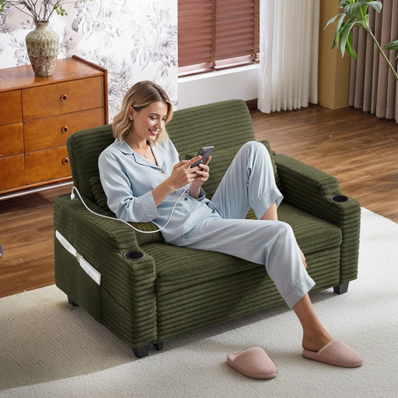  Canapé-lit inclinable en velours côtelé convertible inclinable pour petit espace, Vert olive