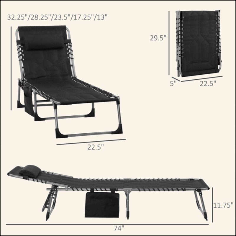 Padded Folding Chaise Lounge Chair, Outdoor 6-Level Reclining Camping Tanning Chair With Headrest For Beach, Yard, Patio, Pool