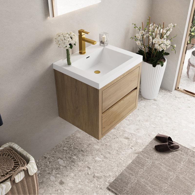 Meuble-lavabo suspendu en chêne naturel de 61 cm (24 po) avec comptoir monobloc en résine de pierre blanche, préassemblé pour une installation facile, tiroirs silencieux et sécuritaires, profondeur de 60,5 cm (23,85 po), profondeur du mur de 80 cm (31,5 po)
