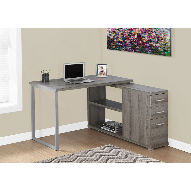 Bureau d'ordinateur contemporain en L avec configuration à gauche ou à droite, tiroirs de rangement et structure en métal gris pour un bureau à domicile moderne