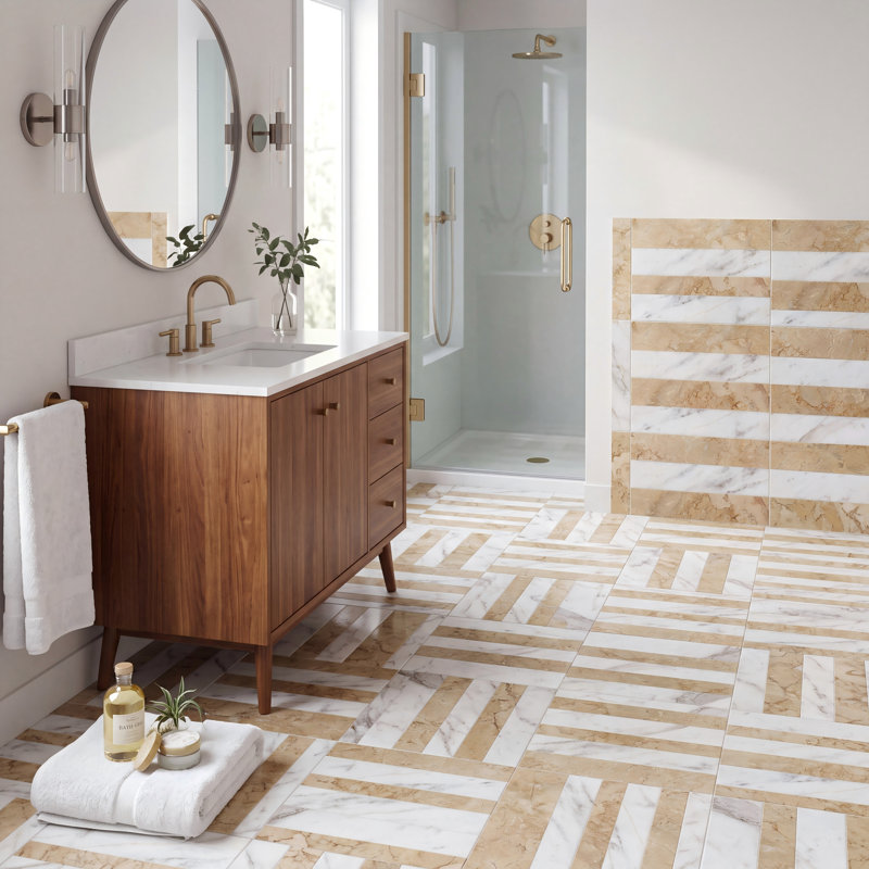 12" x 12" White & Gray Waterjet Marble Tile, Polished Natural Stone Floor & Wall Tile, 8 Pieces, Jaune 2