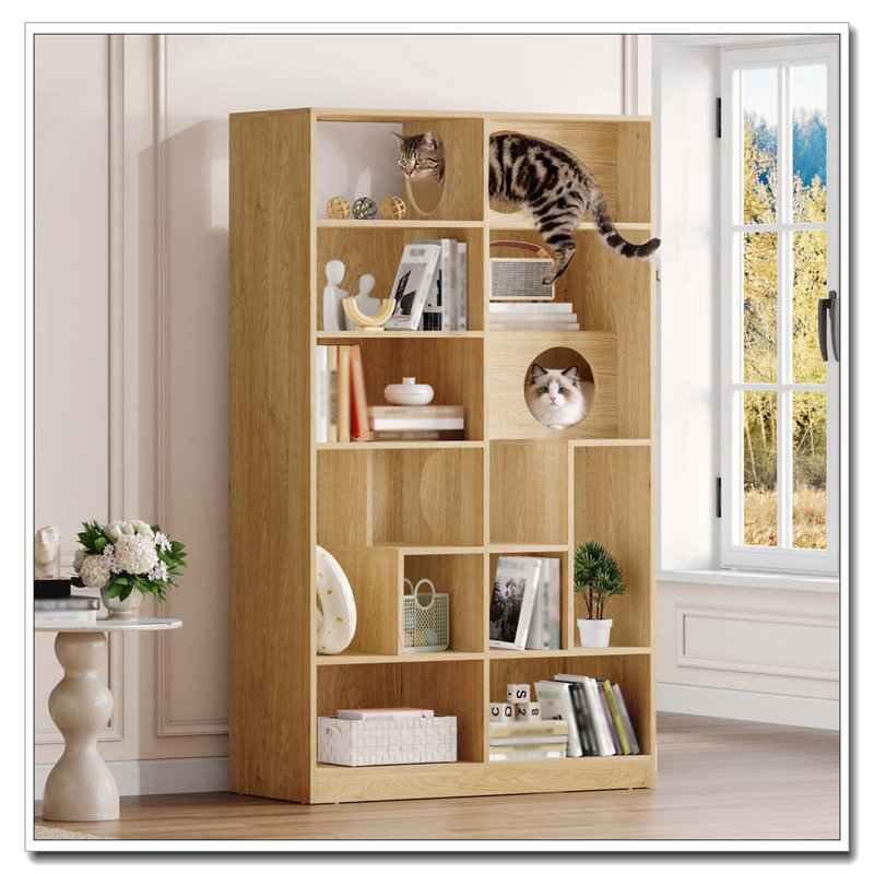 Modern 2 IN 1 Wood Bookshelf Cat House, Natural