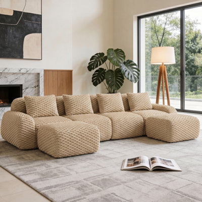 6 Piece 146.5" Sectional Compression Sofa Oversized Boneless Flannelette Modular Deep Seat Cloud Couch With Movable Ottomans, No Assembly Required
