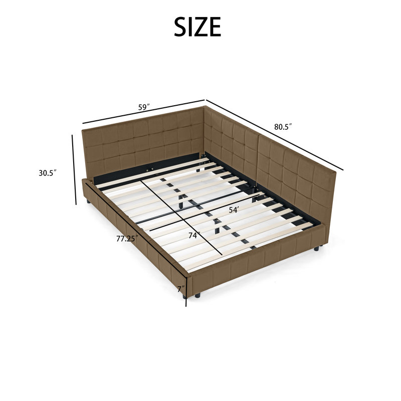  81" Full Size Upholstered Daybed - Solid Eucalyptus Wood Frame - Velvet Corner Chaise Lounge - 500 lbs Capacity, Brown
