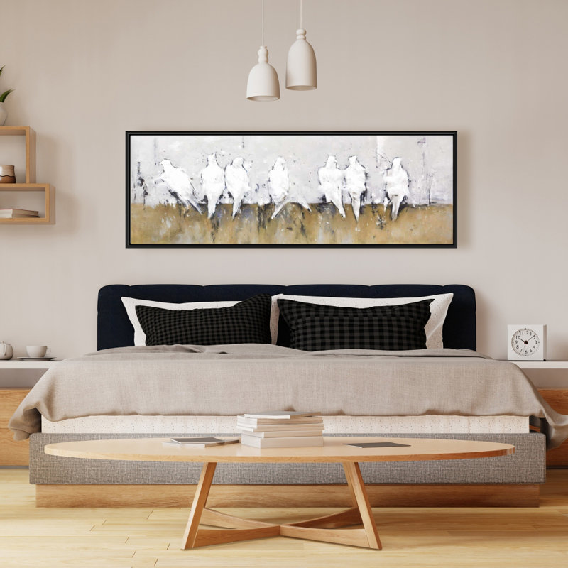 Toile abstraite avec oiseaux perchés | Décoration de chambre oiseau blanc, H 49,25 po x l 17,25 po