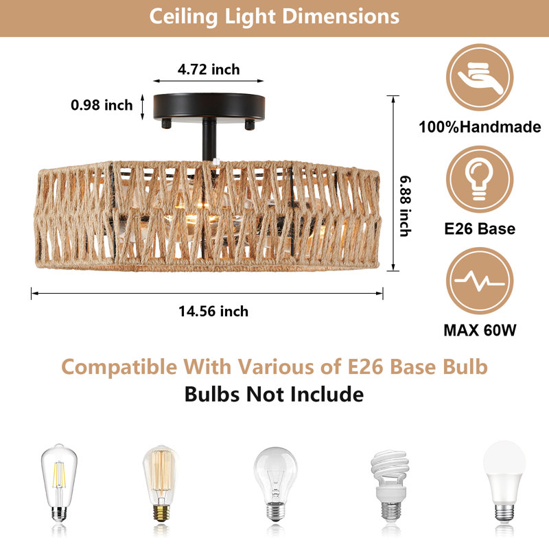 Semi Flush Mount Rattan Ceiling Light Fixture