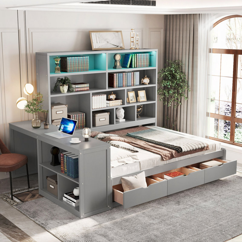 Lit de jour en bois avec trois tiroirs, bureau, tablettes et lumières, Gris