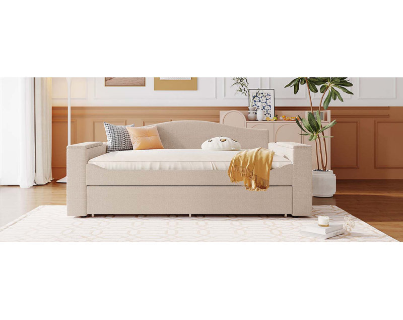  Upholstered Daybed with Storage Armrests, Trundle and Latest Integrated Bluetooth Audio System, Teddy Fleece, Beige, Beige