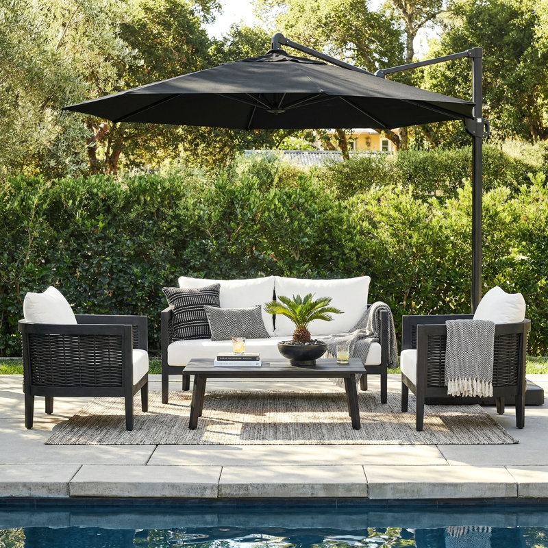 Boling Acacia 4 - Person Patio Conversation Set with Cushions, Polyester Light Gray, Black