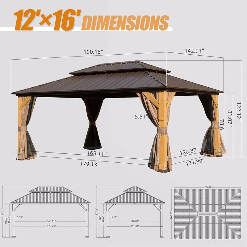 12X16FT Gazebo Cedar Wood, Mosquito Net For Outdoor Use With Galvanized Steel Double Roof, Brown