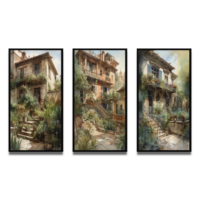 «Rustic Stairway Entrance To Country Cottage», 3 pièces, Cadre flottant noir, H 40 po x l 60 po