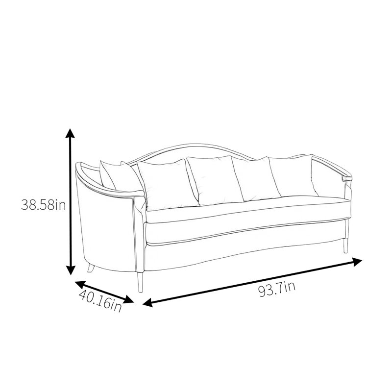 Canapé moderne en bois massif courbé, H 38,58 po x l 93,7 po x P 40,16 po, 3