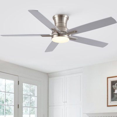 52" Brushed Nickel Low Profile Ceiling Fan with Light, Modern Flush Mount Dual-Sided ,3CCT,6 Speeds,Quiet Reversible DC Motor with Remote & Wall Control for Indoor & Covered Outdoor.