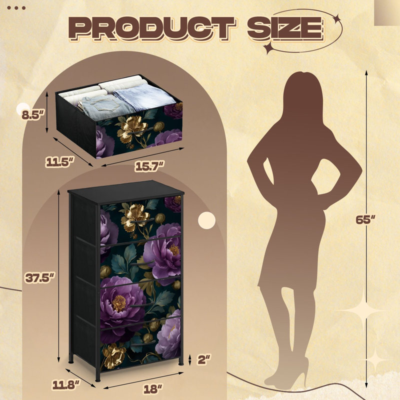Commode pour chambre à coucher avec 4 tiroirs de rangement Élégante commode à pivoines florales mauves et dorées foncées Commode en tissu pour chambre d'enfant