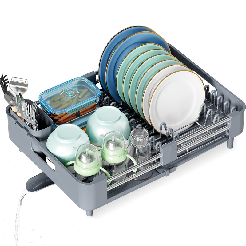 Gray Extendable Stainless Steel Dish Rack with Utensil Cup