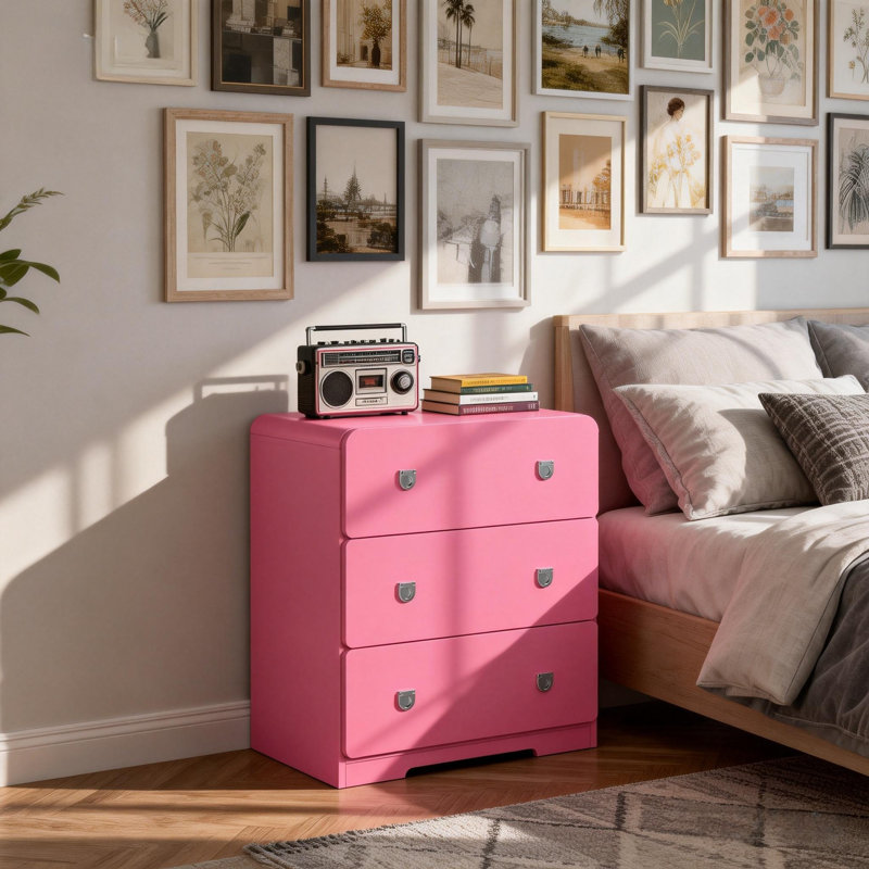 Table de chevet peinte à 3 tiroirs pour chambre à coucher, Rose