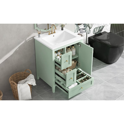 De salle de bain de 24 po avec rangement, tablette réglable, panneau de fibres à densité moyenne et bois d'hévéa, cloisons amovibles, finition verte