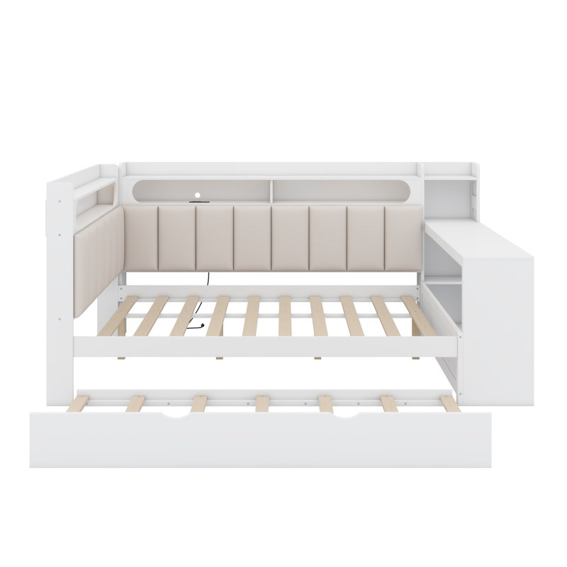 Modern Daybed System Combining Workspace, Open Shelving, and Hidden Trundle, Equipped with Smart Charging Ports and Customizable LED Lights