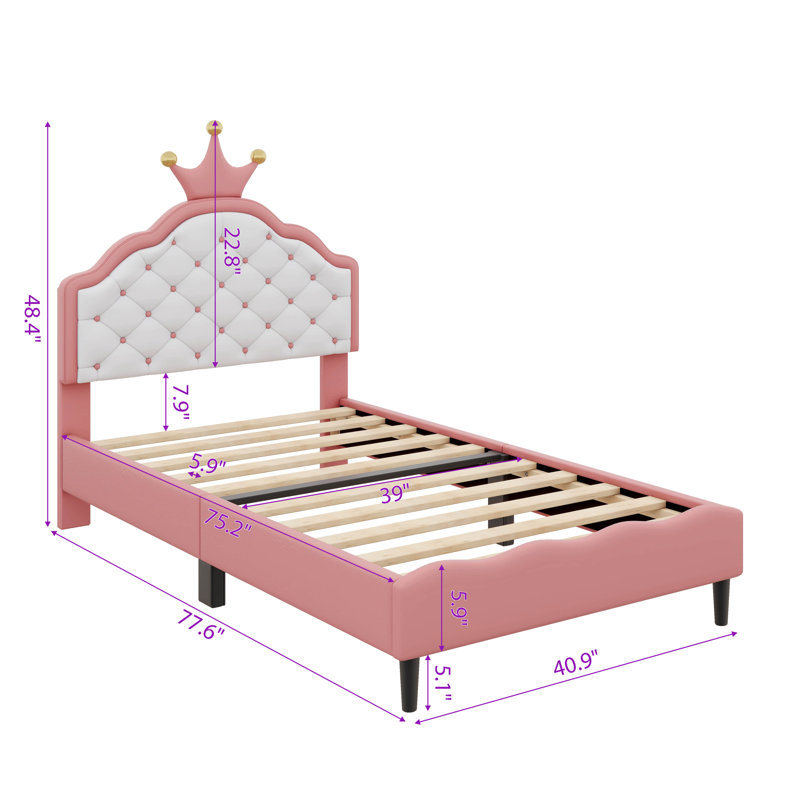 Lit princesse enchanteur avec revêtement en cuir de polyuréthane en forme de couronne, Lit simple