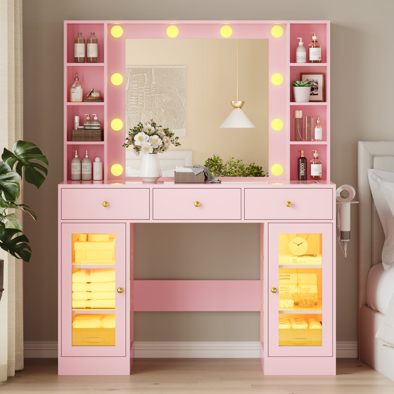 Large Makeup Vanity Desk With Lights & Mirror,10 Round Bulbs Lights with Mirror,Power Outlet,5 Drawers,8 Shelves with Brightness Lighting, Hair Dryer Holder（No Stool)