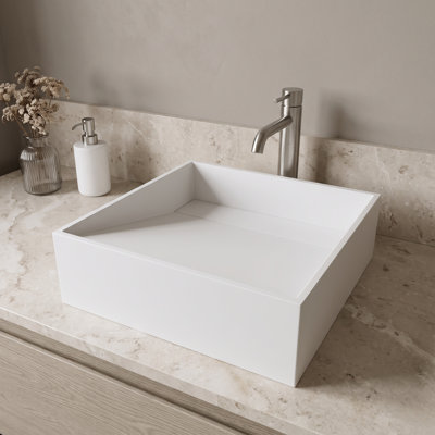 Starr 15" L x 15" W x 5" H Matte White Handmade Square Vessel Bathroom Sink