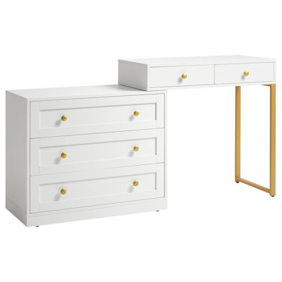 Makeup Vanity Desk With Storage, L-Shaped Corner Vanity With 5 Drawers, White & Gold Finish For Small Space, Modern Dressing Table For Bedroom