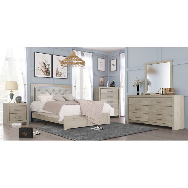Ensemble de chambre à coucher à panneau crème pour grand lit 6 pièces Josiyah Daisey, Crème, Très grand