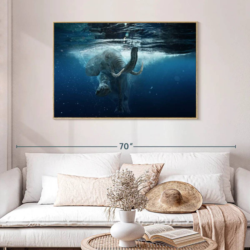 Underwater Elephant, Floating Frame Natural Wood, 46" X 31"