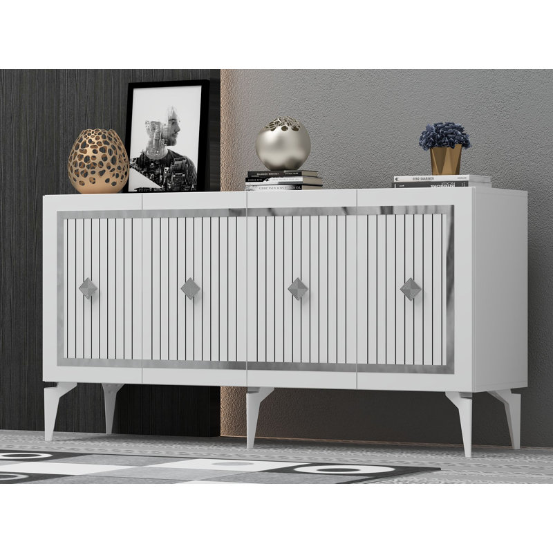 Modern White Console Table with Silver Accents, 100% Melamine Coated Particle Board, Thickness: 0.7 inches | Numerous Shelves, Wall-Mountable, Elegant Design for Living Room & Entryway