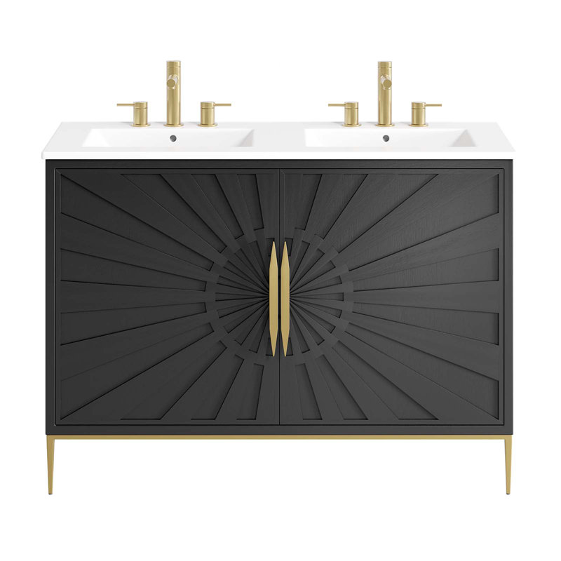 Awaken 48" Black and White Double Sink Bathroom Vanity with Gold Accents
