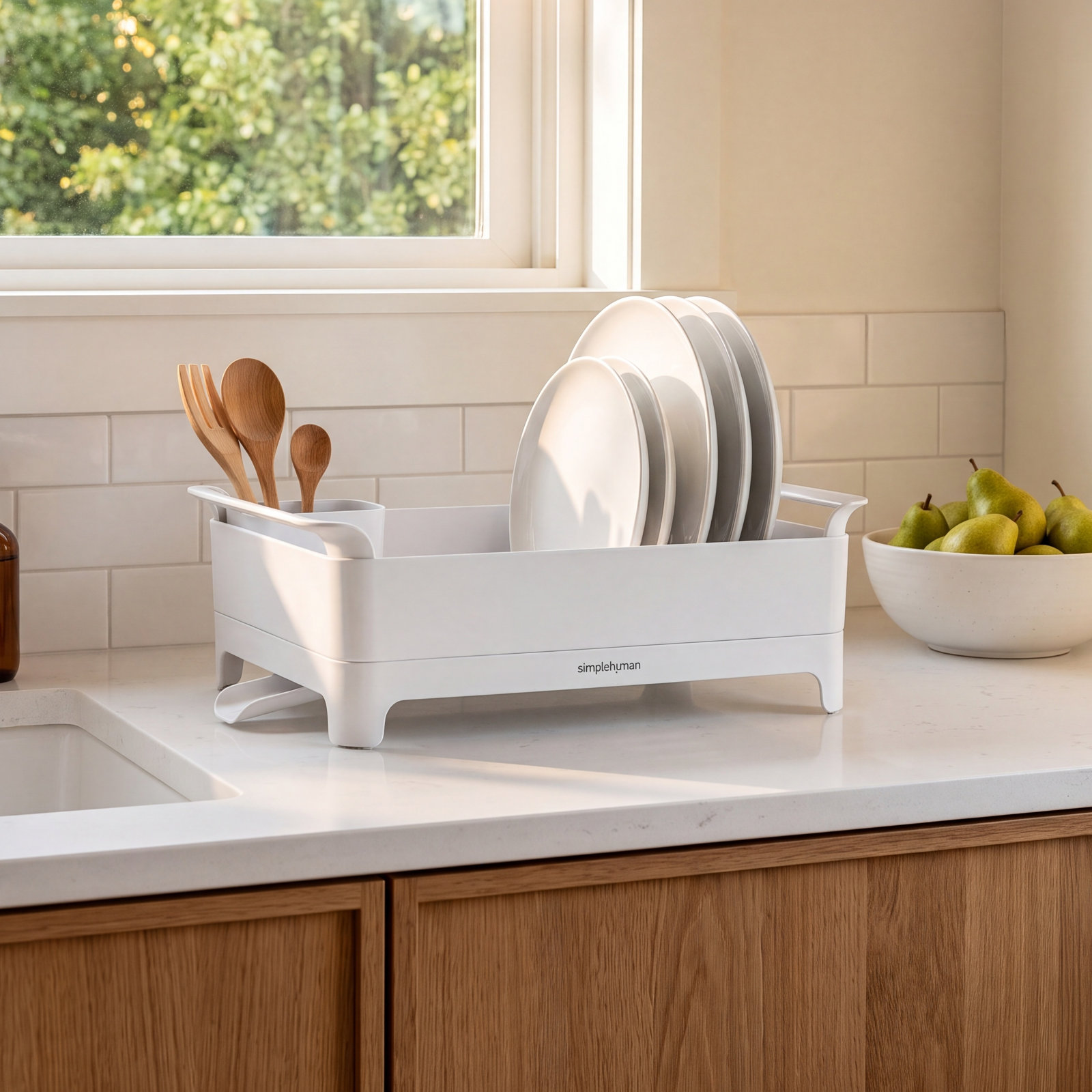 simplehuman Compact Dish Rack with Swivel Spout, White Steel/White