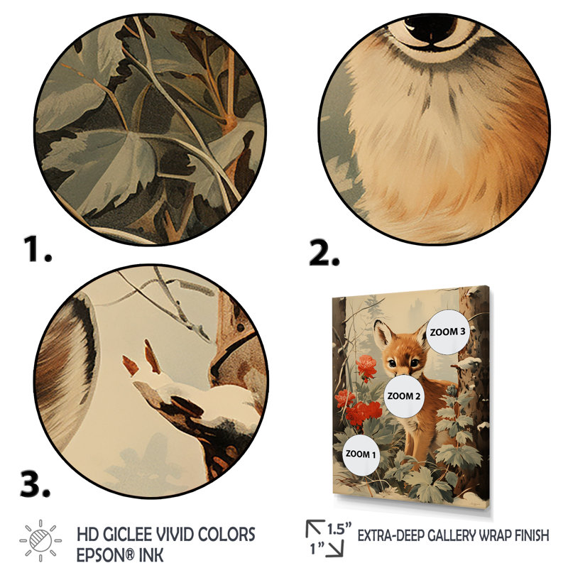 «Brown Deer Winter Adventure I - Fox Animal», art mural, Cadre flottant blanc, H 40 po x l 30 po