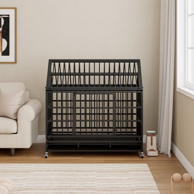 48 Inch Heavy Duty Dog Crate with Wheels, Folding Metal Big Dog Cage for Large and Medium Dogs, Cage with a pointed roof and Removable Tray