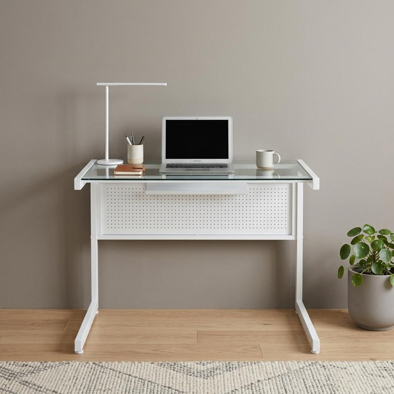 Bureau 33 po en acier inoxydable et verre transparent et blanc