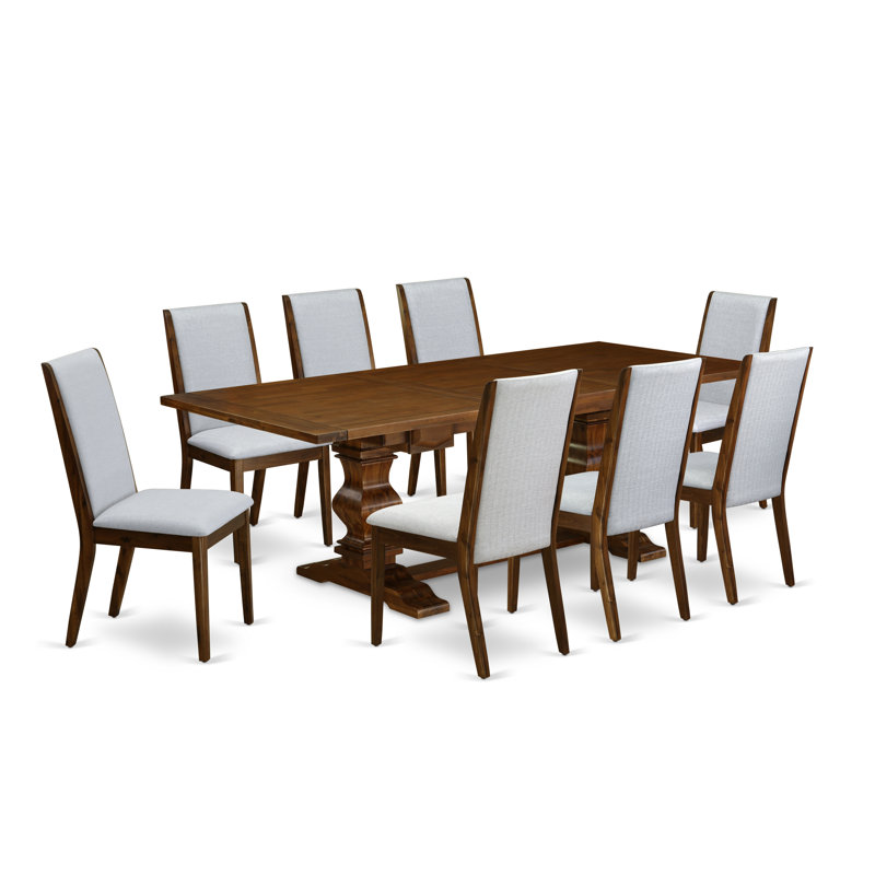 L'ensemble de mobilier de salle à manger 9 pièces comprend une table rectangulaire en bois avec rallonge amovible et 8 chaises rembourrées en tissu de lin gris, noyer antique