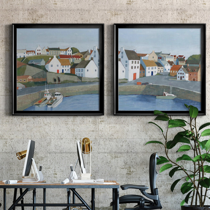 Ensemble de 2 cadres photo Old Coast Town I Old Coast Town I, H 30,5 po x l 61 po x P 1,5 po, Toile avec cadre noir