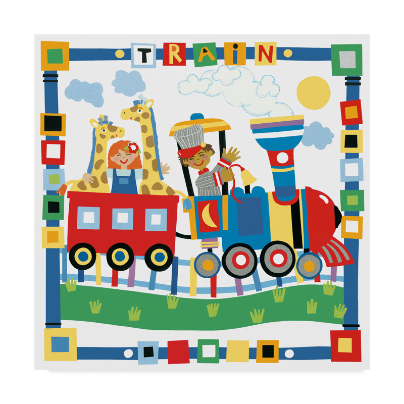 « children on train », art sur toile, H 14 po x l 14 po x P 2 po