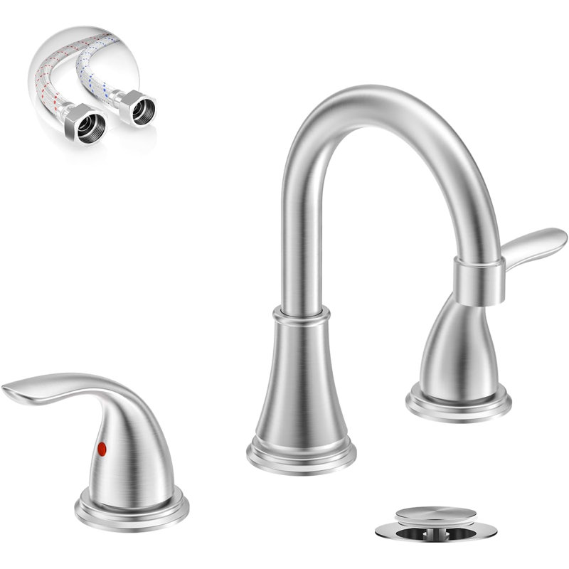 8 Inch 3 Hole Chrome Bathroom Faucet, 2 Handle Modern Vanity Faucet With Metal Pop Up Drain And Water Supply Lines, Chrome