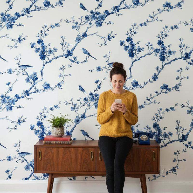 Papier peint floral chinois Fond blanc