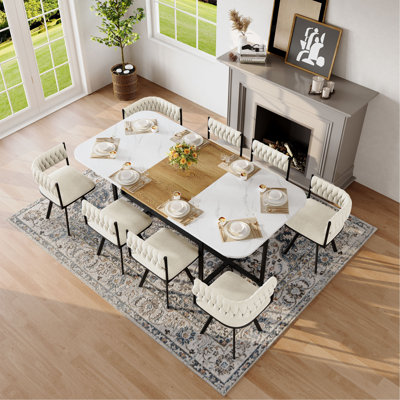 Ensemble de table de salle à manger 9 pièces carrée, plateau de table en fausse marbre fixe et grain de bois avec 8 chaises en velours, ensemble de table de cuisine moderne pour 8 personnes, idéal pour les réunions de famille, la salle à manger