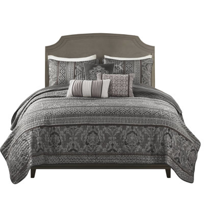 King/ King 6 Piece , Grey Quilt, 2 Shams & 3 Throw Pillows, Luxury , Reversible Look - Quilt Grey, Pillows Included, Leaf Motifs, Gold Pops, Easy Care
