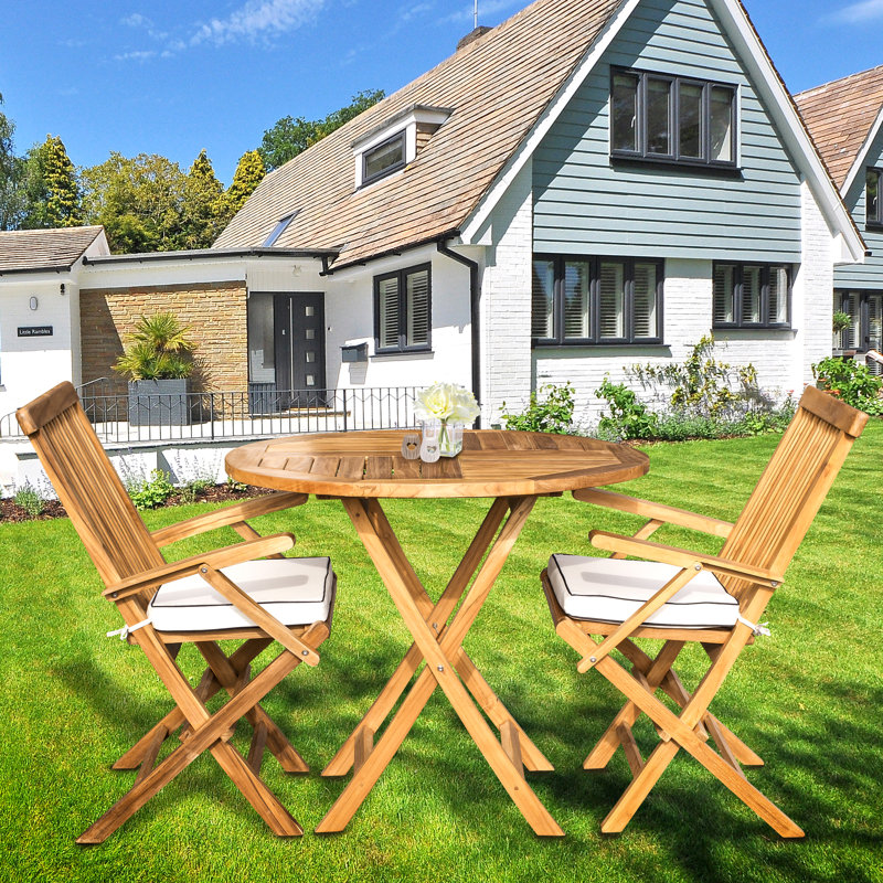 2 - Person Teak Wood Patio Dining Set with Round Table , Cushions Included
