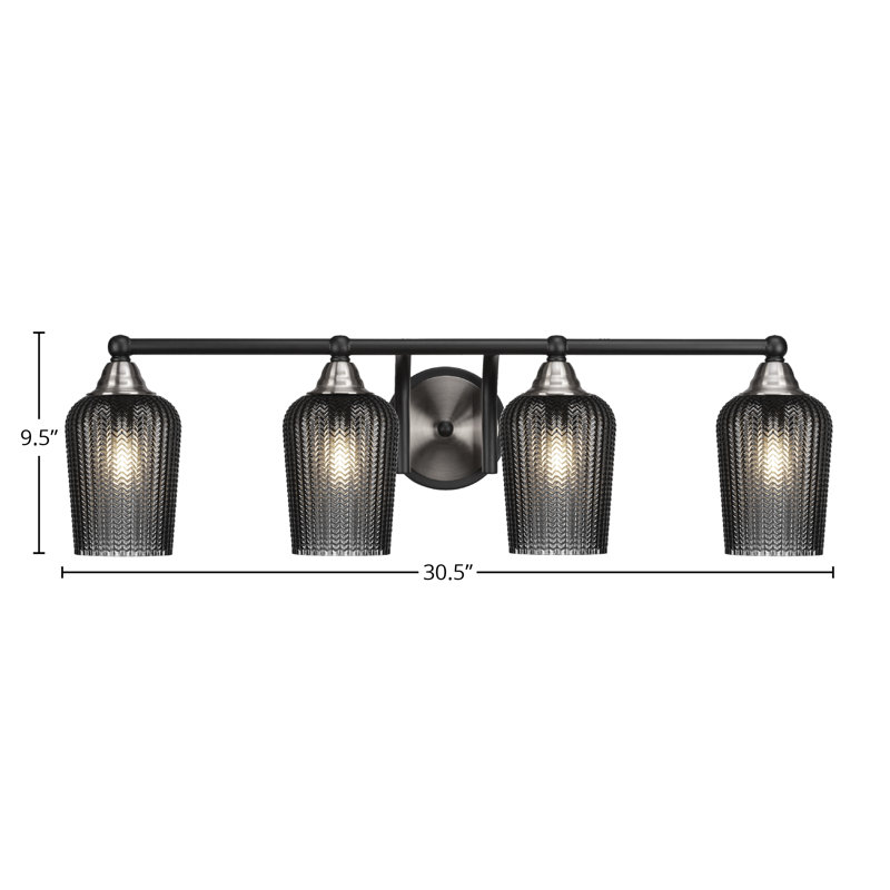 Barre d'éclairage de salle de bain 4 lumières Michell avec verre texturé fumé 5 po, Noir mat/nickel brossé